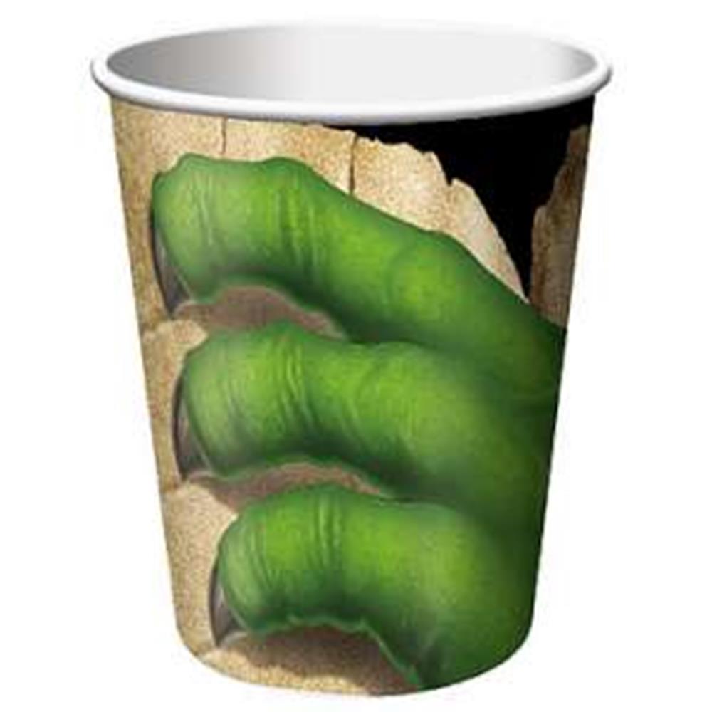 9oz paper cup with green dinosaur claw breaking through cracked beige wall design.