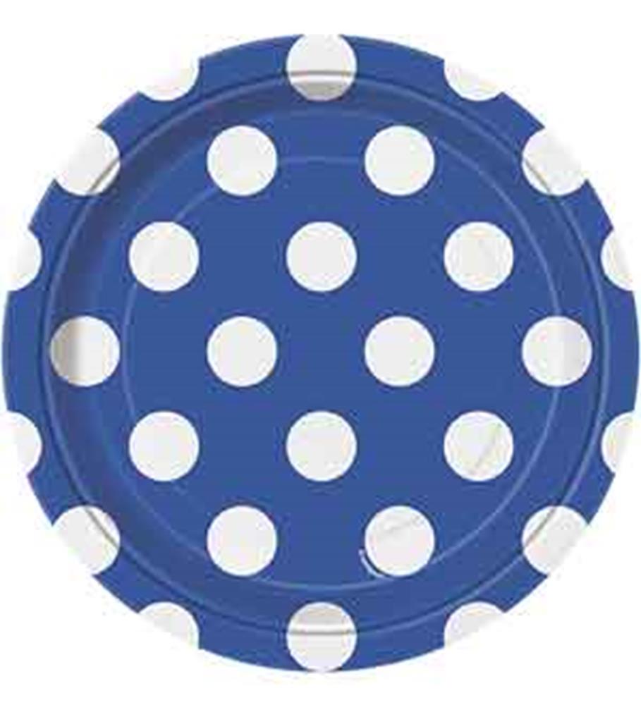Round 7-inch royal blue plate with evenly spaced large white polka dots.