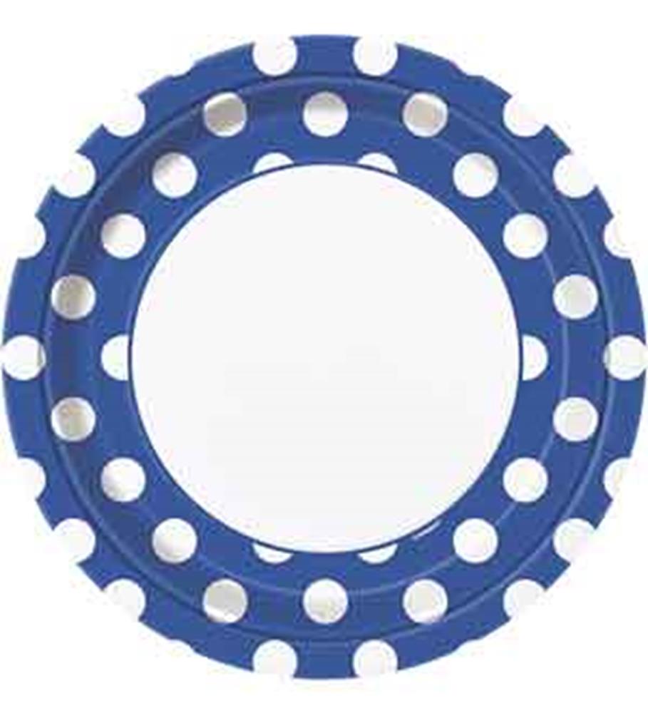 Royal blue 9-inch plate with large white polka dots and scalloped edge.