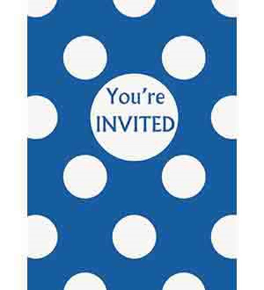 Royal blue invitation card with white polka dots and "You're Invited" text in the center.