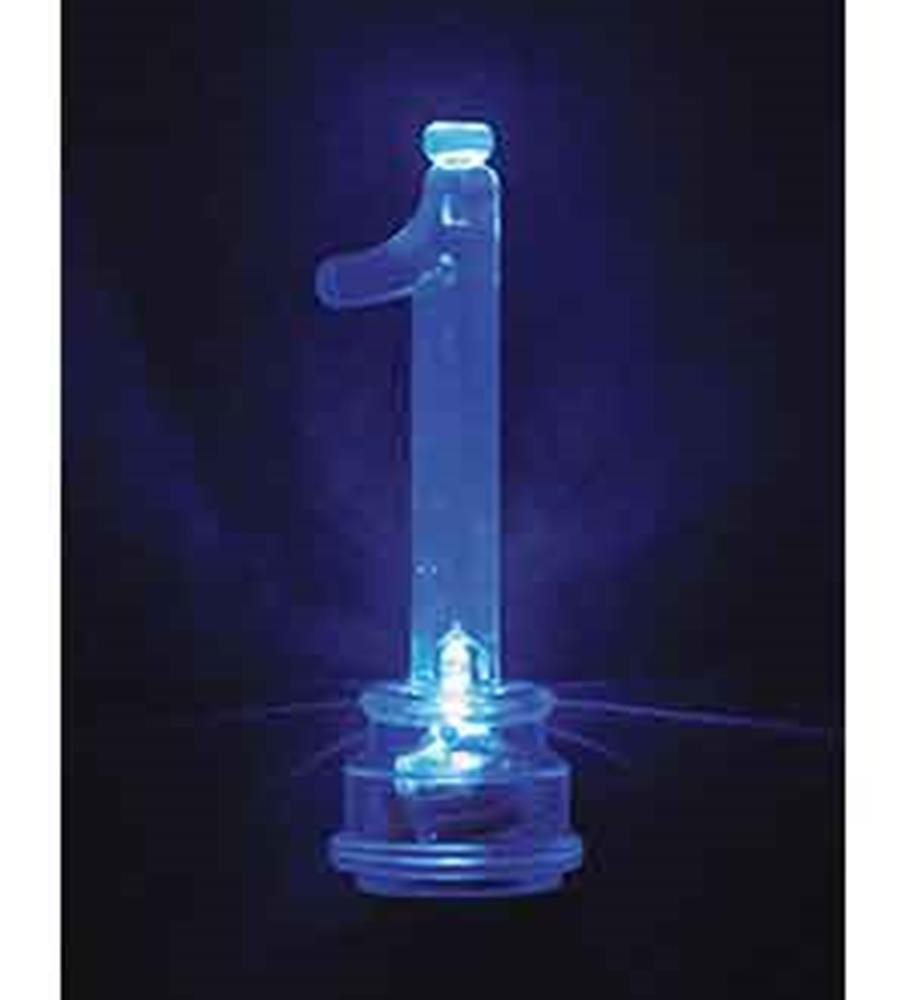 Blue glowing number 1 flashing birthday candle with clear plastic base.