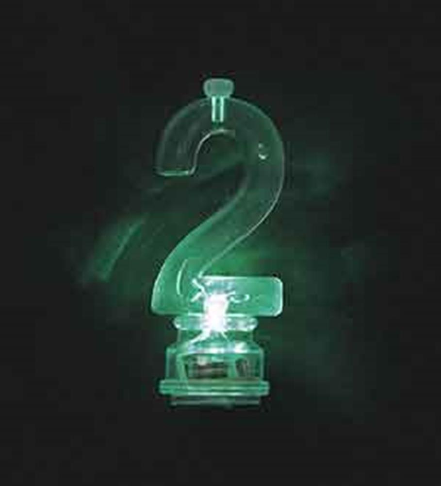 Green flashing number 2 birthday candle with a translucent plastic base and glowing light.