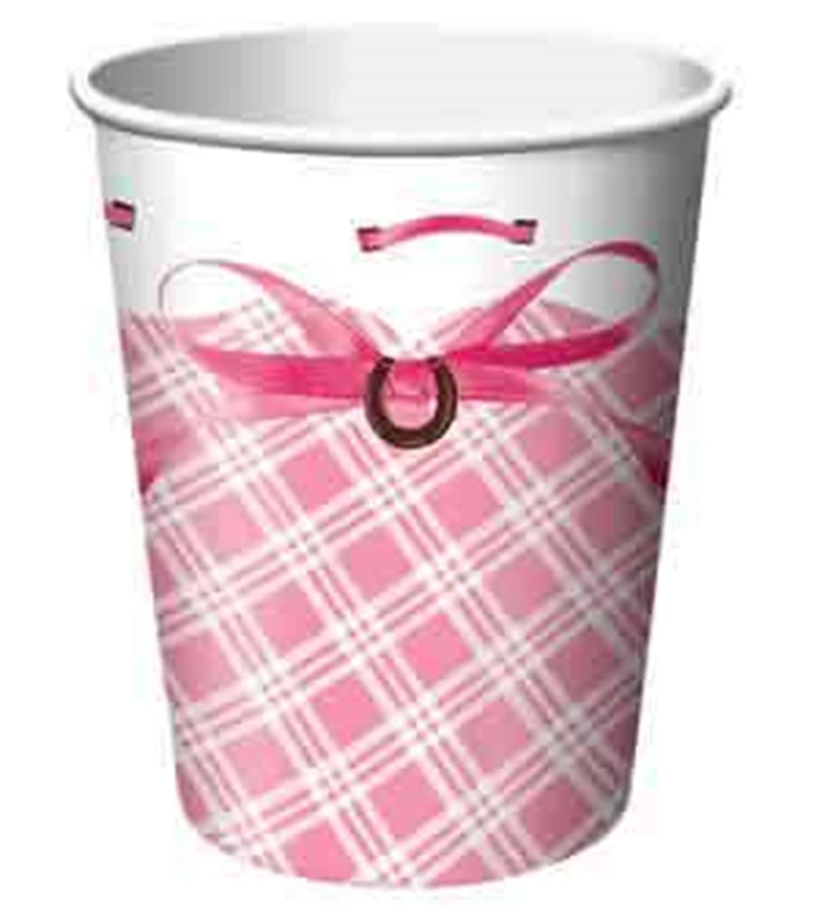 White ceramic cup with pink plaid pattern, pink ribbon, and small horseshoe detail on front.