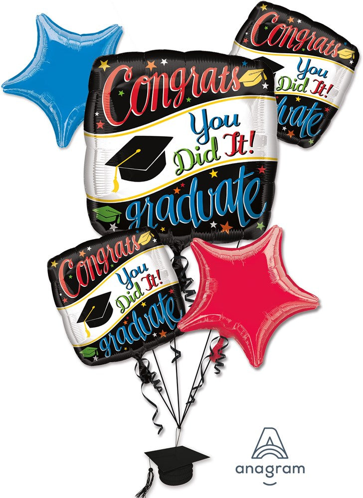 Colorful foil balloon bouquet with "Congrats You Did It Graduate" text, stars, and a graduation cap balloon topper.