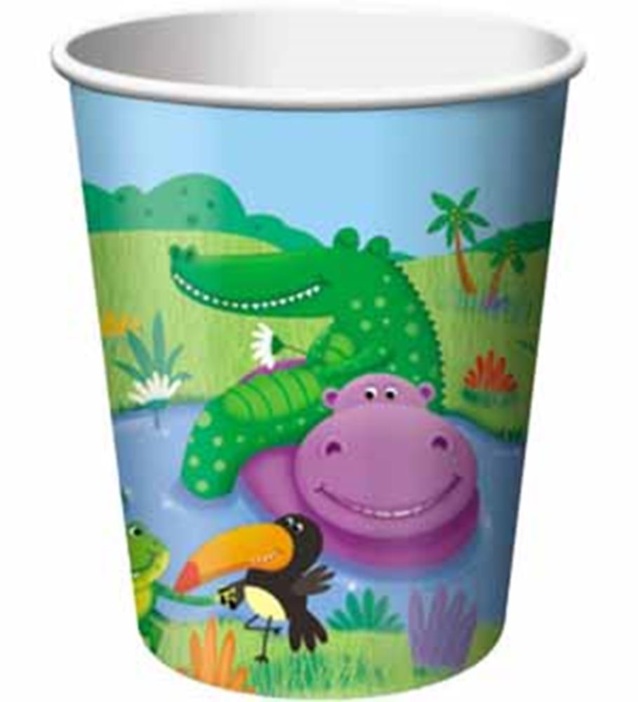 Colorful paper cup with cartoon jungle animals including a green crocodile, purple hippo, and black toucan by a pond.