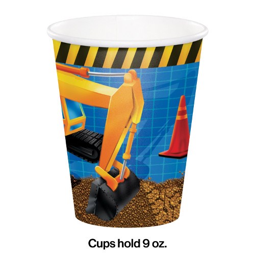 9oz paper cup with yellow excavator, orange traffic cone, and black-yellow caution stripes on blue grid background.