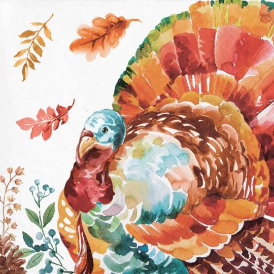 Colorful turkey illustration with vibrant feathers in autumn hues on white cocktail napkin.