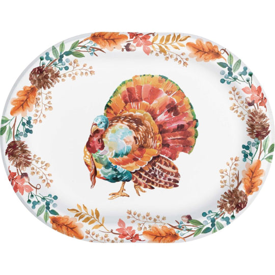 Oval ceramic platter with colorful turkey illustration and autumn leaf border.