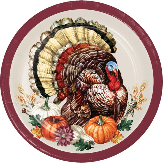 7-inch round luncheon plate with vintage turkey illustration, surrounded by pumpkins and autumn leaves, maroon rim.