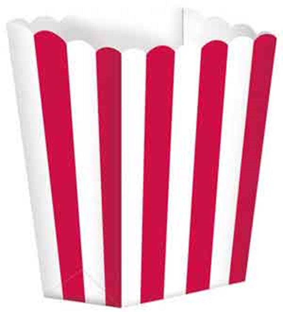 Small red and white striped popcorn-shaped favor box with scalloped top edge.
