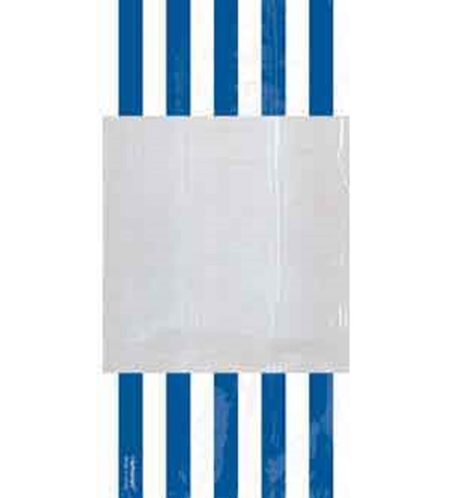 Small glossy party bag with vertical royal blue and white stripes and a clear front panel.