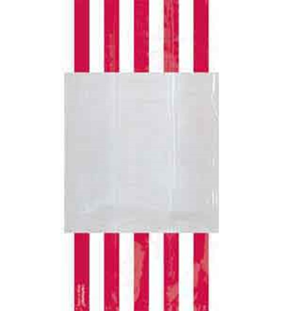 Small white party bag with vertical red apple-patterned stripes on the sides.