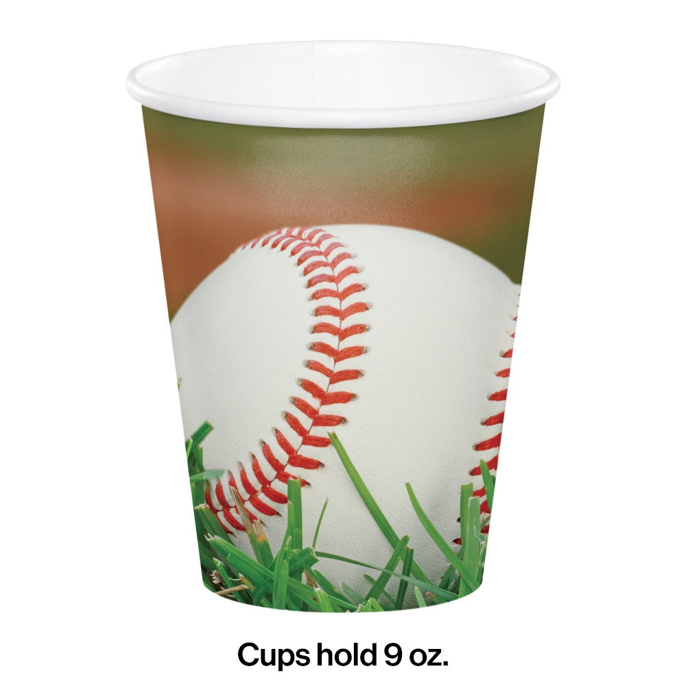 9oz disposable cup with baseball graphic and green grass background.