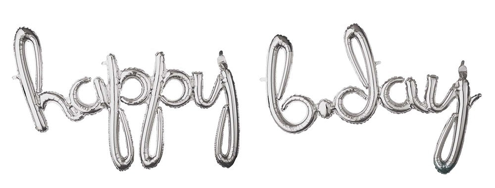 Silver foil balloon spelling out "happy b.day" in cursive script style.