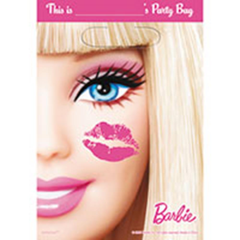Blonde Barbie face with blue eye, pink lipstick, and pink lip print on cheek on pink party bag.