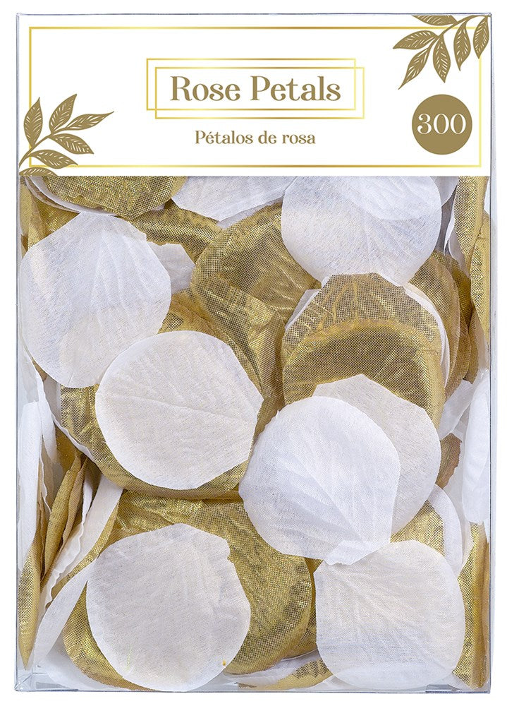 Mix of white and gold fabric rose petals in a clear package labeled "Rose Petals" with 300 count.