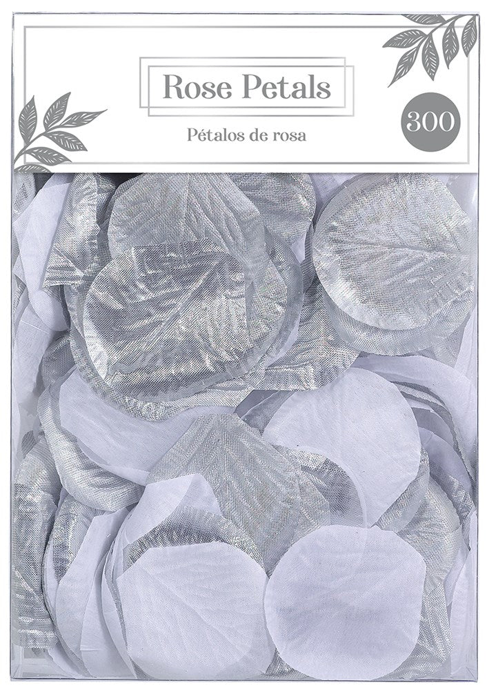 Assorted silver and white fabric rose petals with a delicate, textured veined pattern, 300 count in clear packaging.