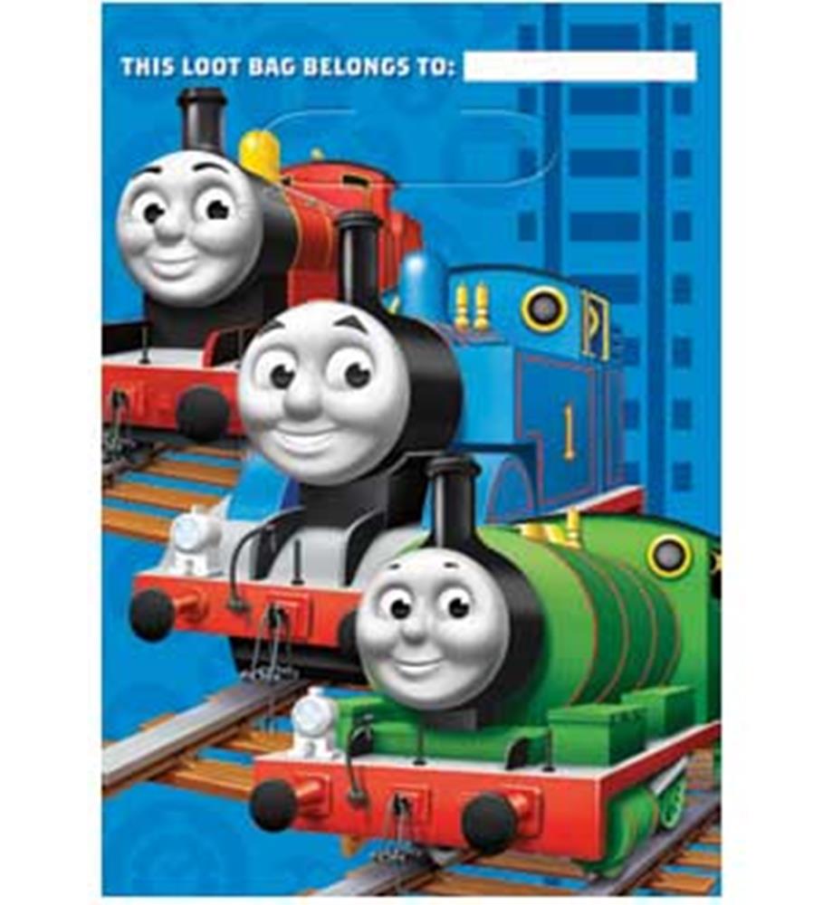 Blue rectangular loot bag featuring Thomas the Tank Engine and friends in red, blue, and green trains with smiling faces.