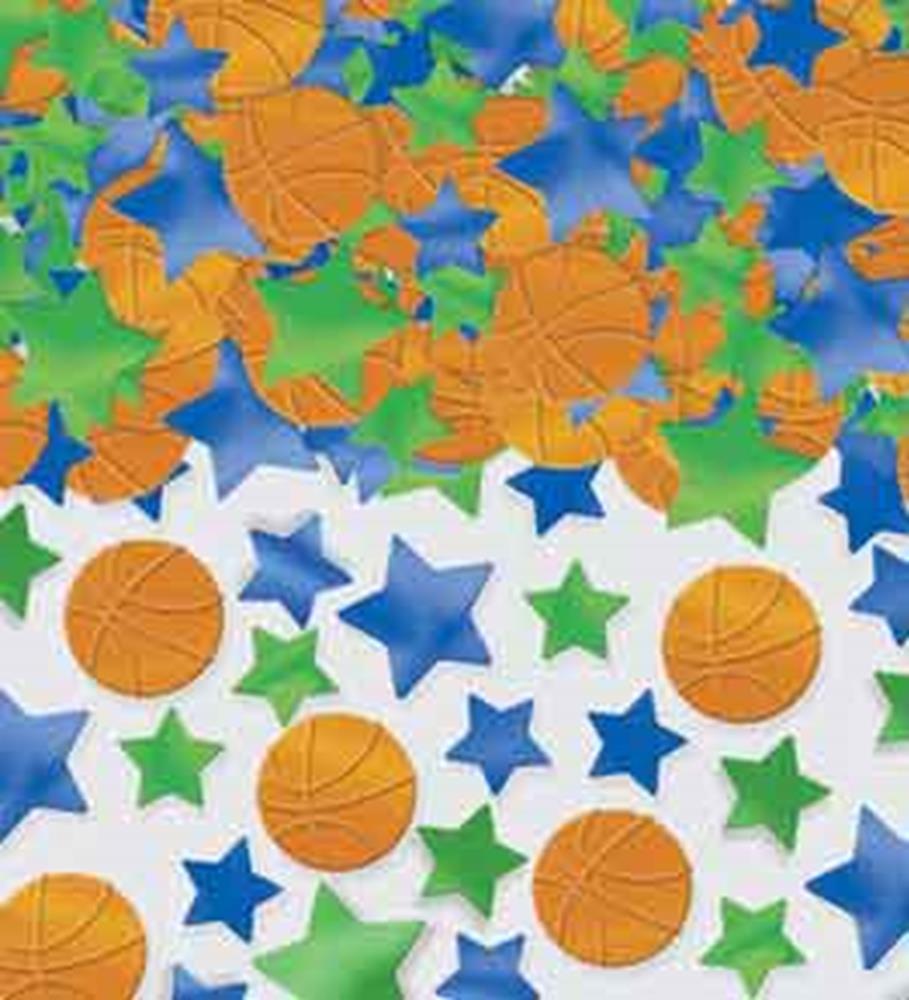 Orange basketball and star-shaped confetti in blue, green, and navy colors scattered on white background.