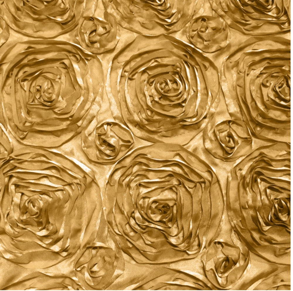 Gold satin table runner with textured rosette fabric design.
