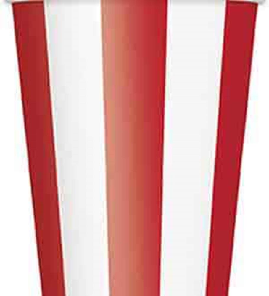 Set of six 12oz disposable cups with bold vertical red and white stripes.