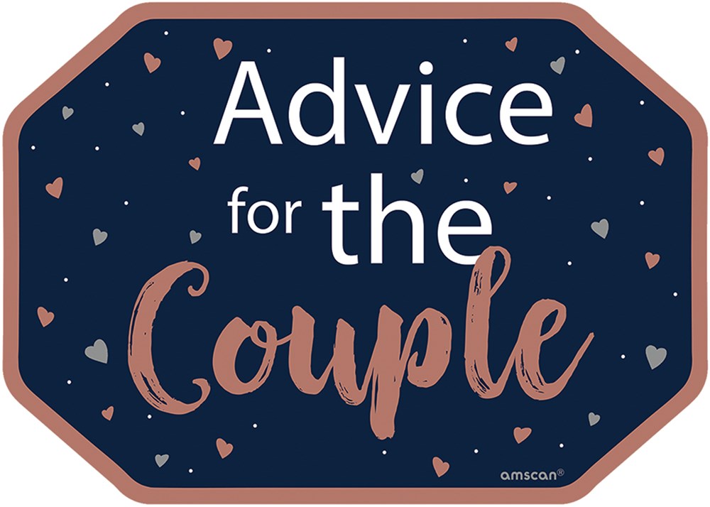 Navy blue hexagonal card with white and rose gold text reading "Advice for the Couple" and small heart and confetti accents.