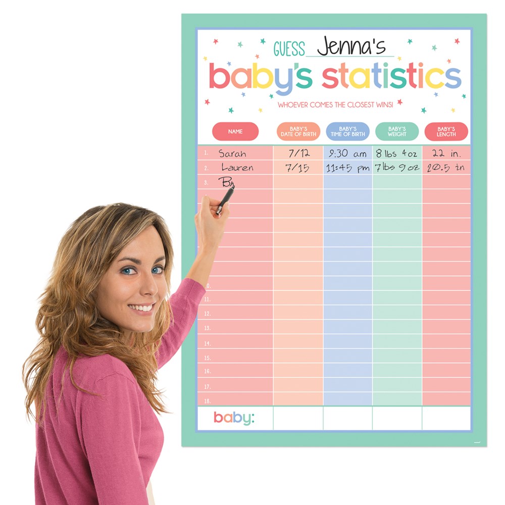 Colorful baby shower statistics chart with pastel pink, purple, blue, and green columns for recording baby gender guesses.