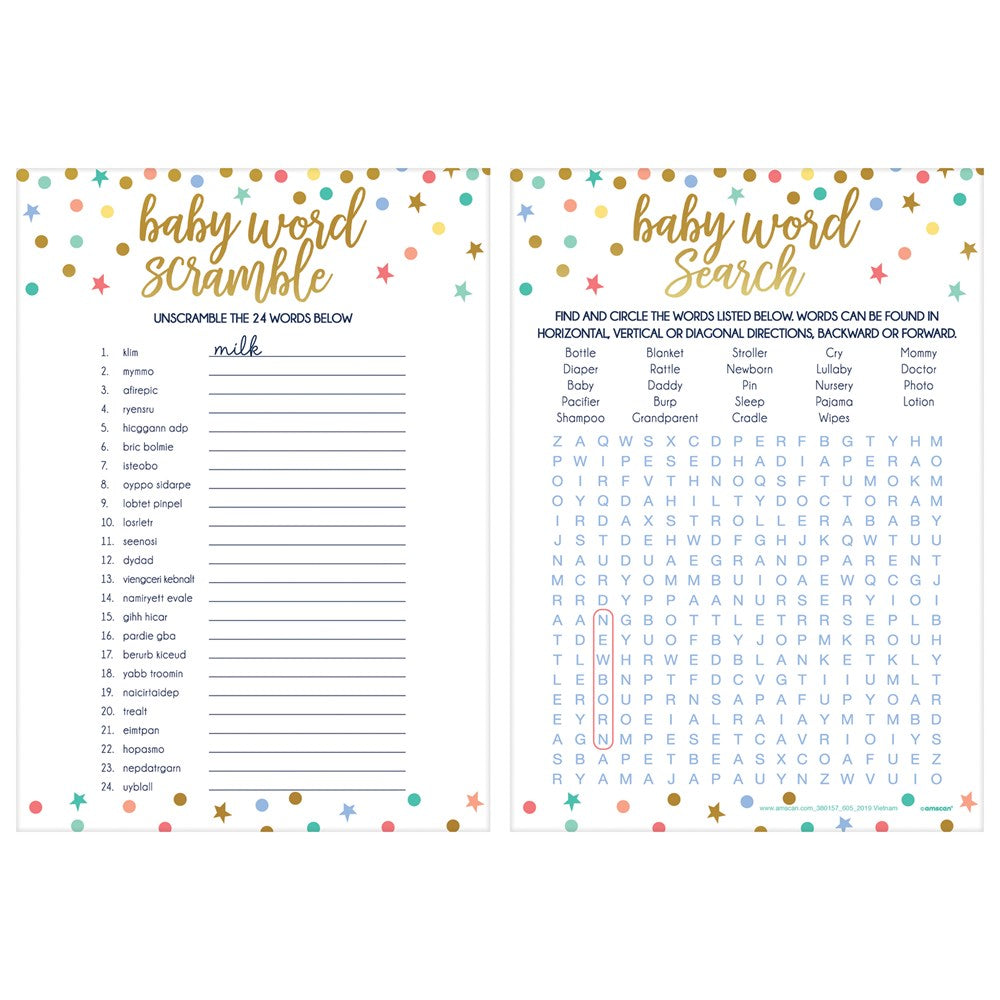 Baby shower word scramble and word search game sheets with colorful confetti border and gold script titles.