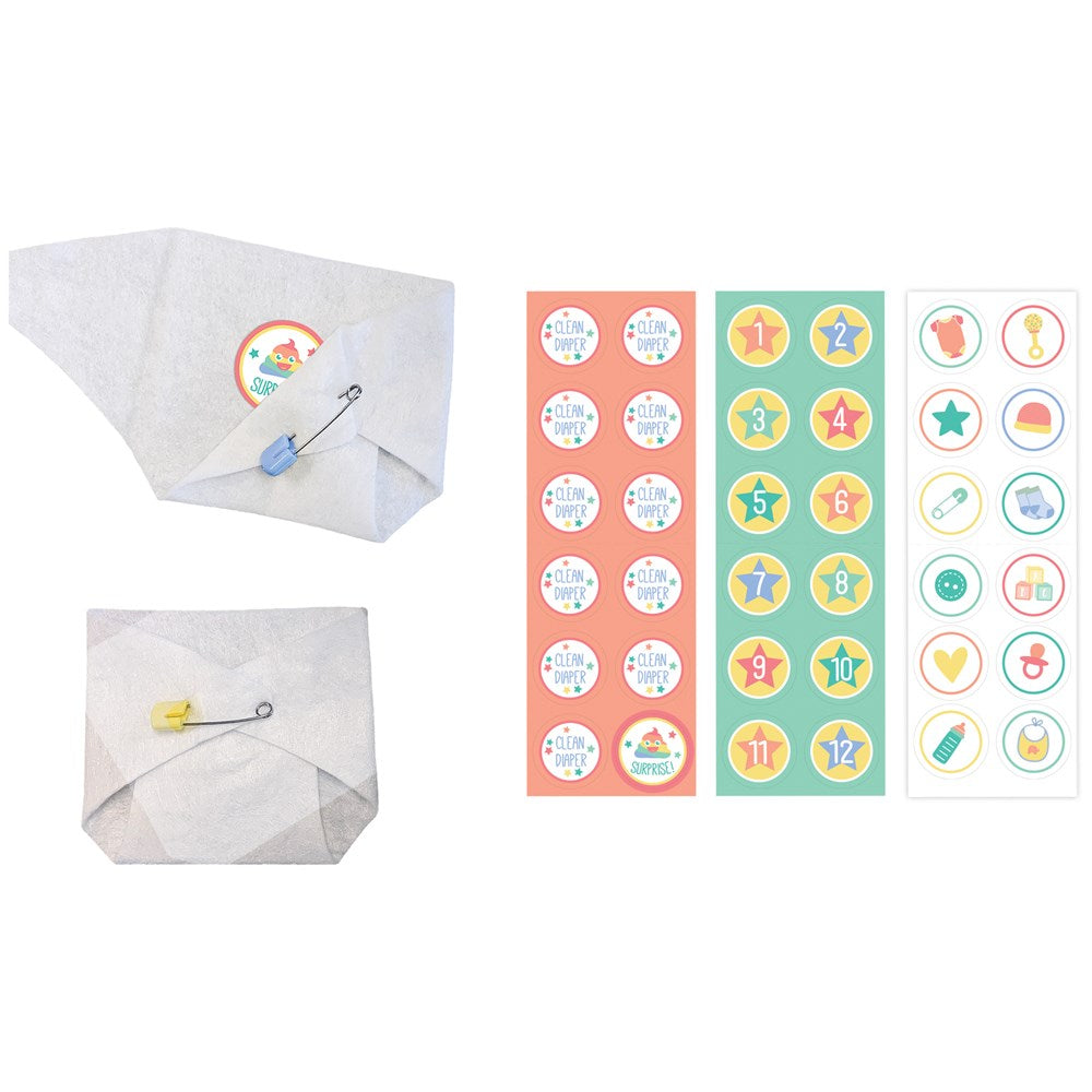 White cloth diapers with yellow and blue safety pins and three sheets of colorful round stickers for baby shower diaper game.