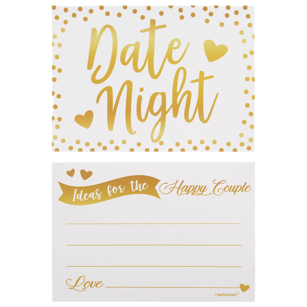 White rectangular cards with gold foil text and heart accents, featuring "Date Night" on one side and lined space titled.