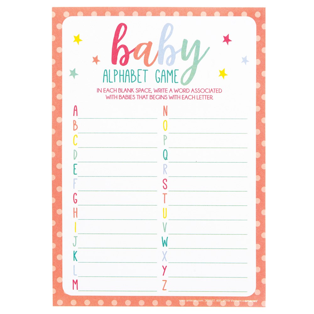 Baby shower game sheet with colorful alphabet letters arranged vertically and space to write a word for each letter, coral.