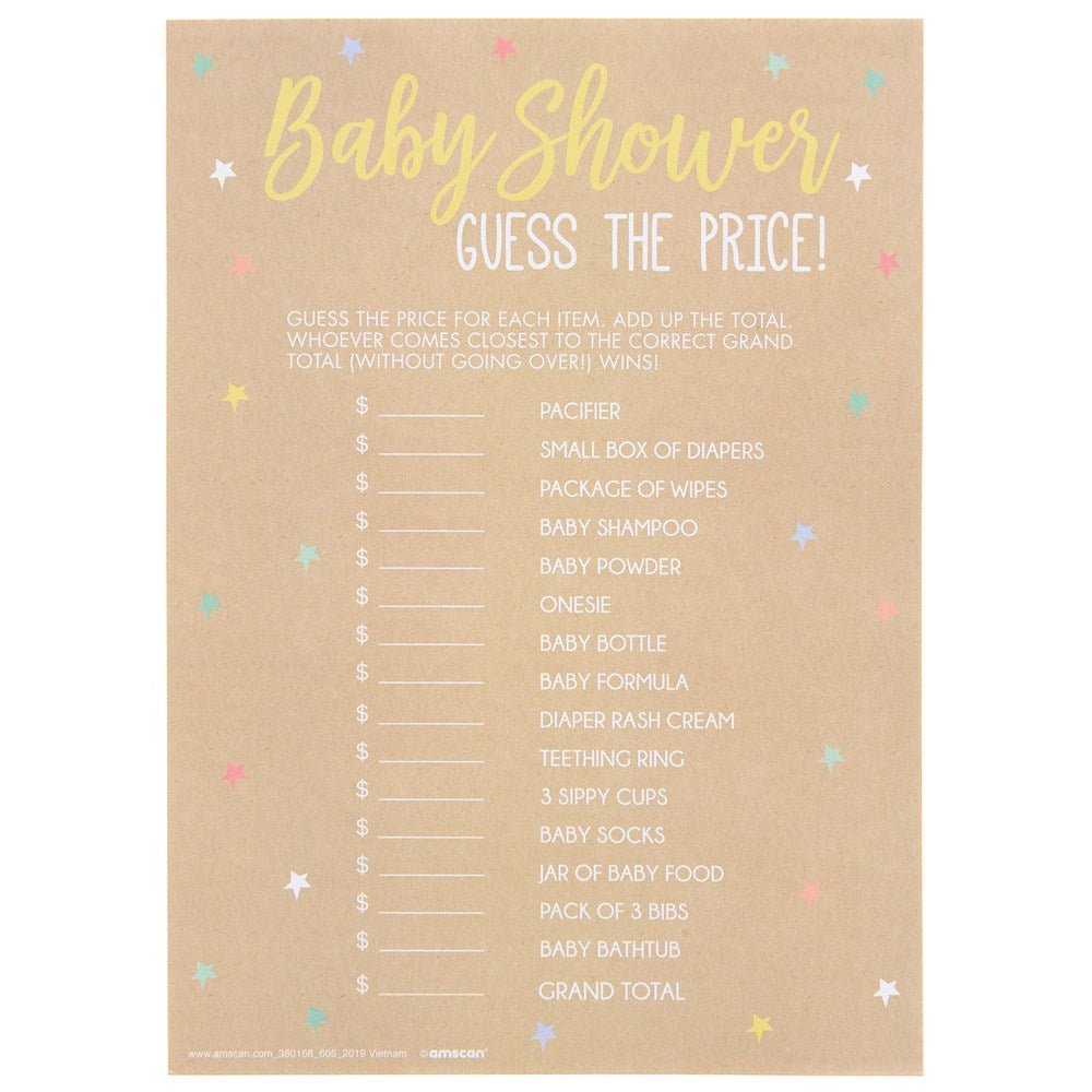 Baby Shower guess the price game card with pastel stars and gold lettering on kraft paper, listing baby items and blank.