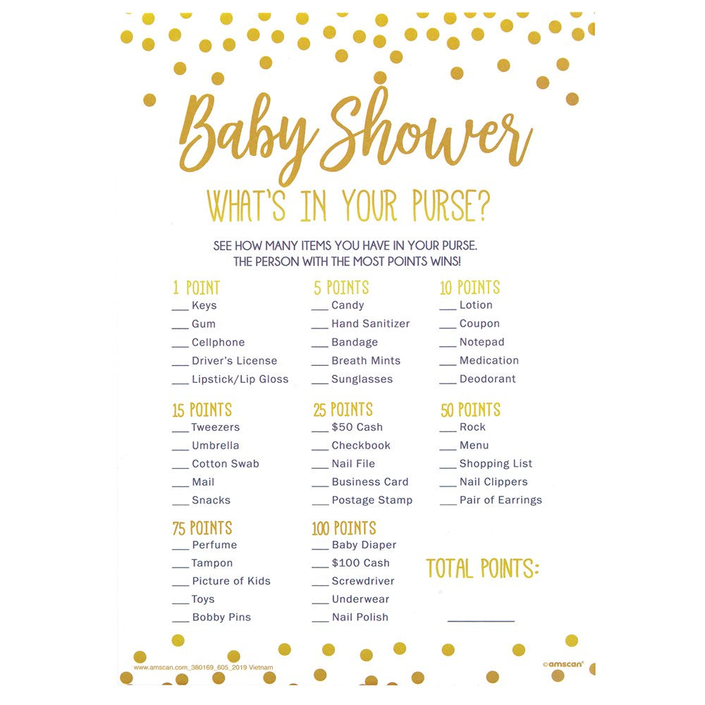 White card with gold confetti border titled "Baby Shower What's In Your Purse?" listing purse items and their point values.