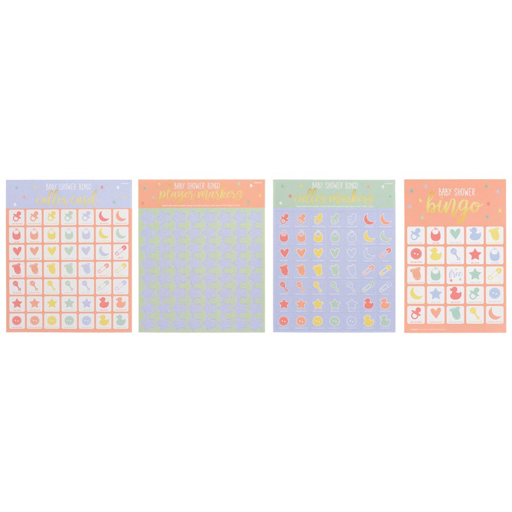 Four pastel-colored baby shower bingo cards with baby-themed icons and soft pink, blue, green, and peach backgrounds.