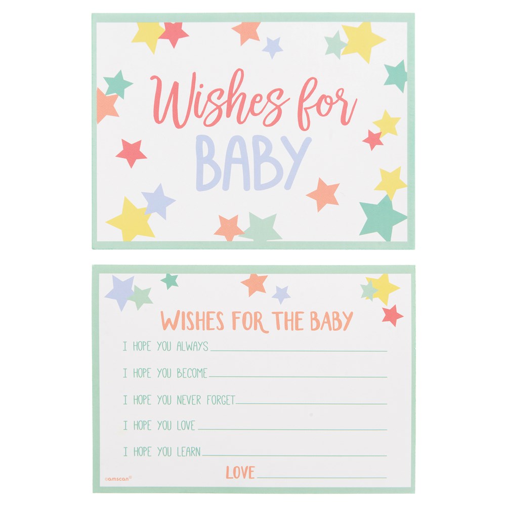 Rectangular baby shower cards with pastel stars and green borders, featuring "Wishes for Baby" text in pink and lavender on.