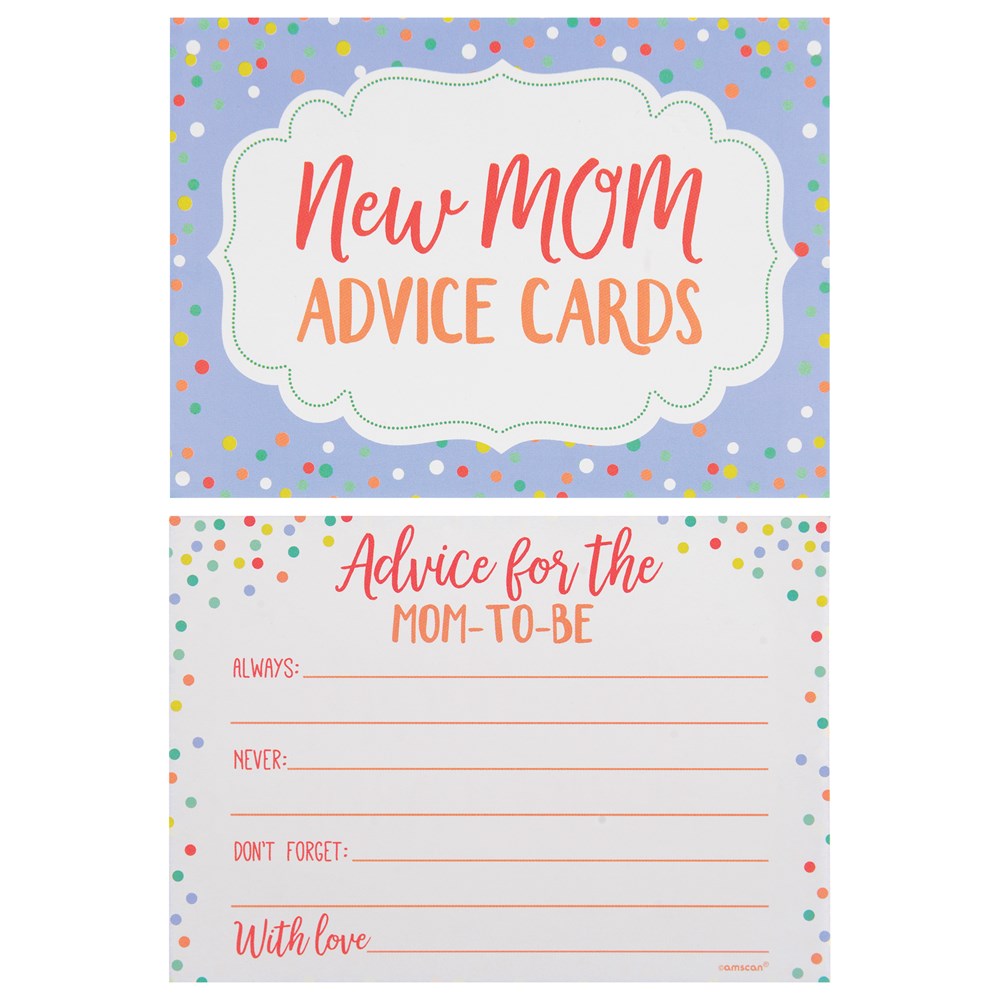 Baby shower advice cards with colorful confetti border, purple background, and red-orange cursive and block text.