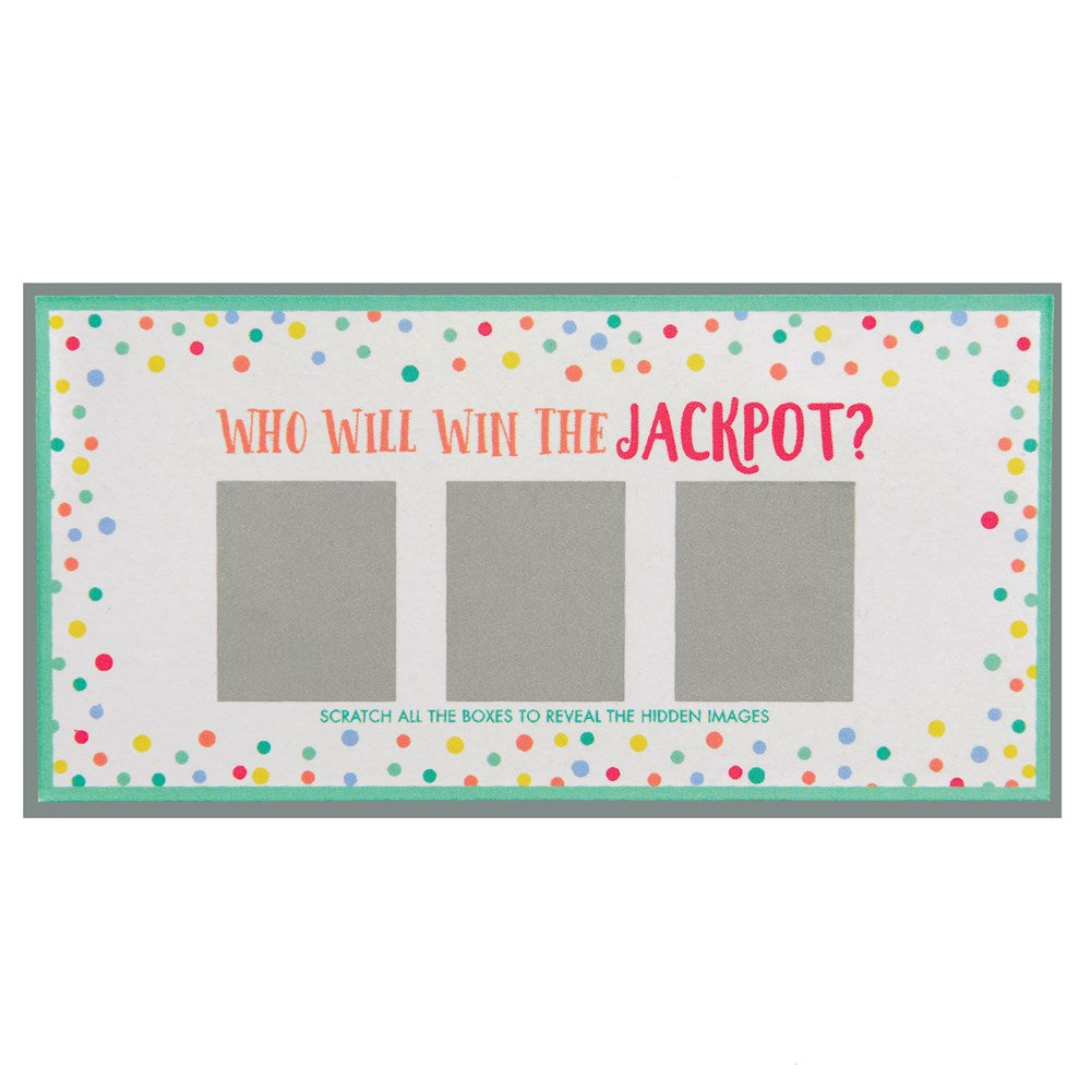 Rectangular baby shower scratch off game card with colorful confetti border, three silver scratch areas, and red and orange.