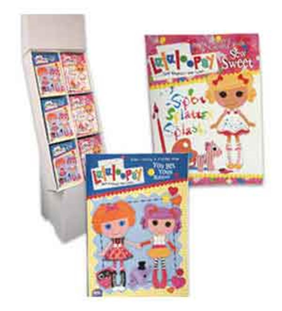 Lalaloopsy coloring books with bright covers featuring cartoon girls in colorful outfits, packaged in a white countertop.