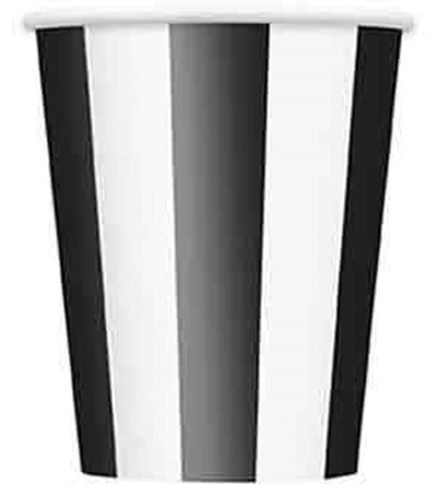 12oz paper cup with bold black and white vertical stripes.