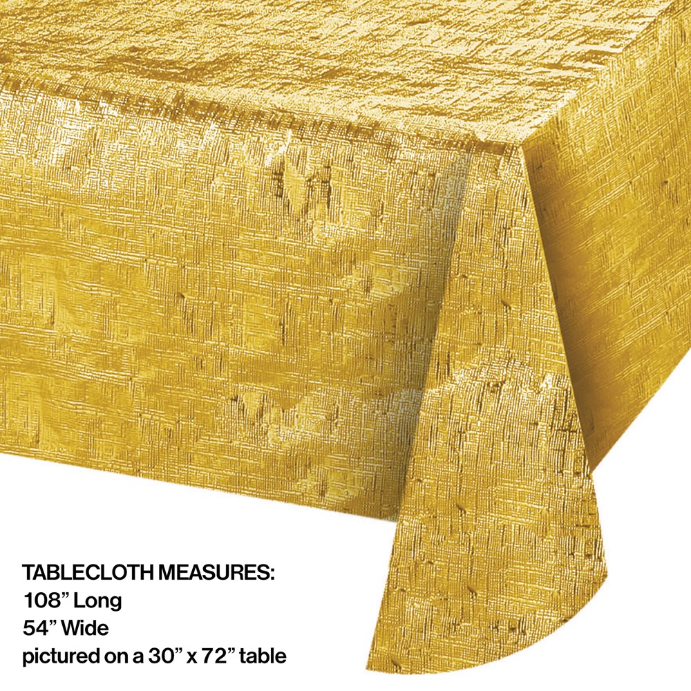 Metallic gold tablecover with textured pattern, rectangular 54x108 inches, draped on table.