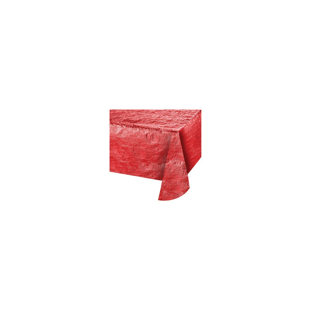 Rectangular metallic red tablecover with a shiny, smooth finish, measures 54 by 108 inches.