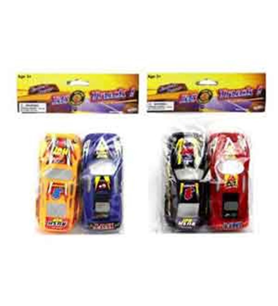 Two 5.25-inch racing car toys, one set with yellow and blue cars, the other with black and red cars, packaged in clear.