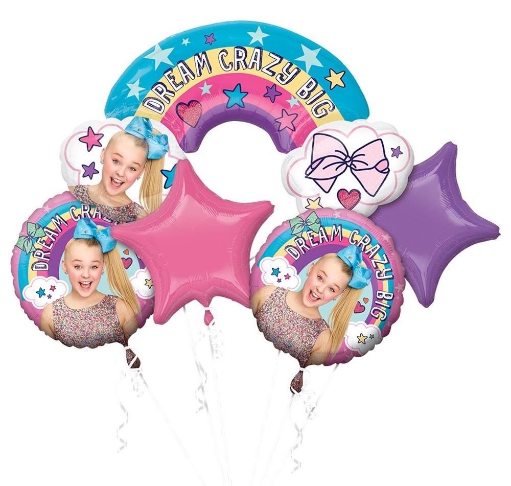 Bright foil balloon bouquet with pink and purple stars, a rainbow arch reading "Dream Crazy Big," and round balloons.
