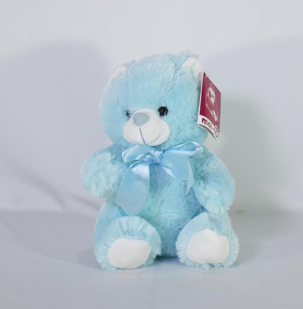 Soft light blue plush teddy bear with white snout, paws, and a satin blue ribbon bow around its neck, standing 9 inches tall.