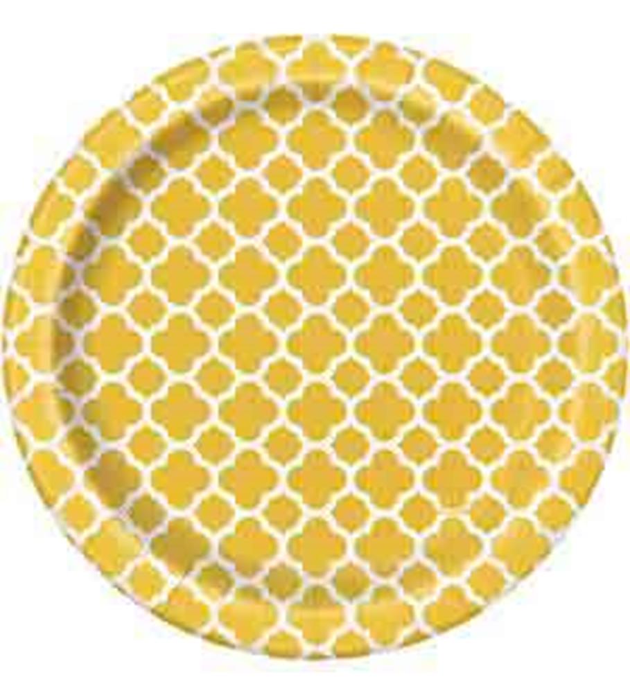 Round sunflower yellow plate with white quatrefoil pattern, plastic material, small size.