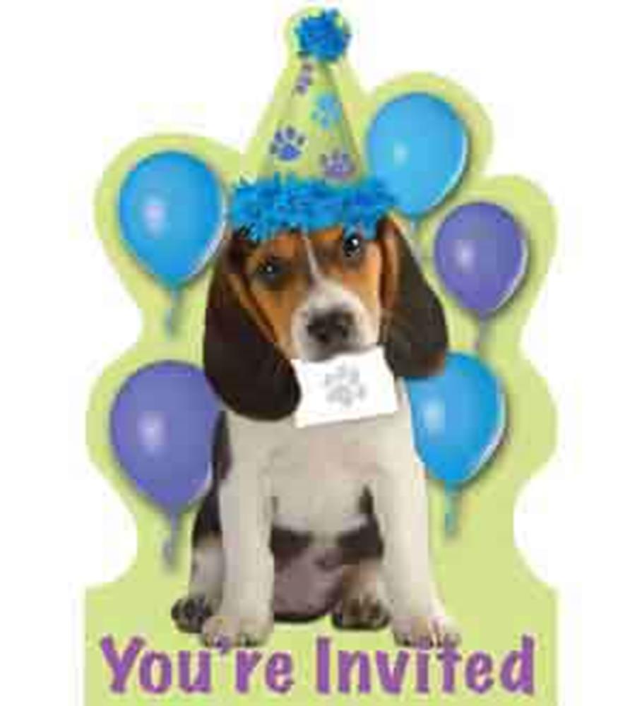 Invitation card featuring a beagle puppy wearing a blue and yellow party hat, surrounded by blue and purple balloons with.