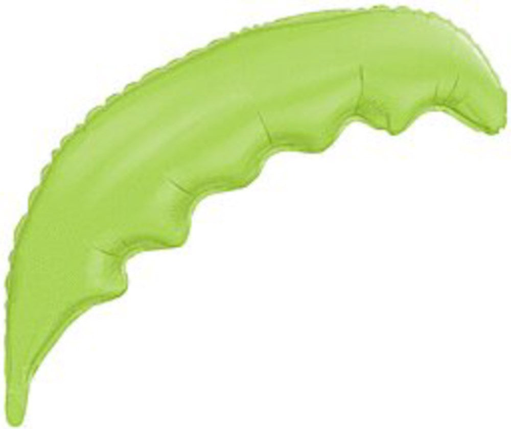 Lime green foil balloon shaped like a curved palm frond with a smooth, shiny surface.