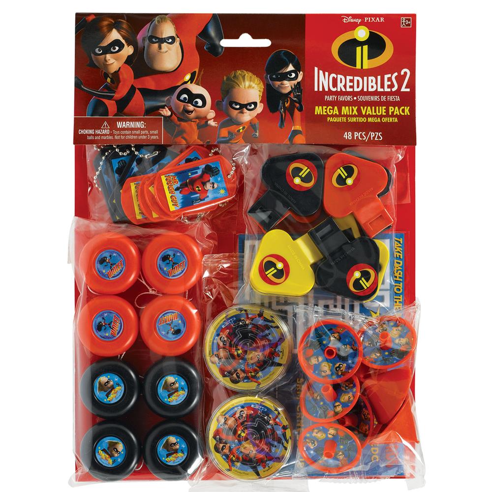 Incredibles 2 party favor pack with 48 colorful superhero-themed items in red, yellow, and blue packaging.