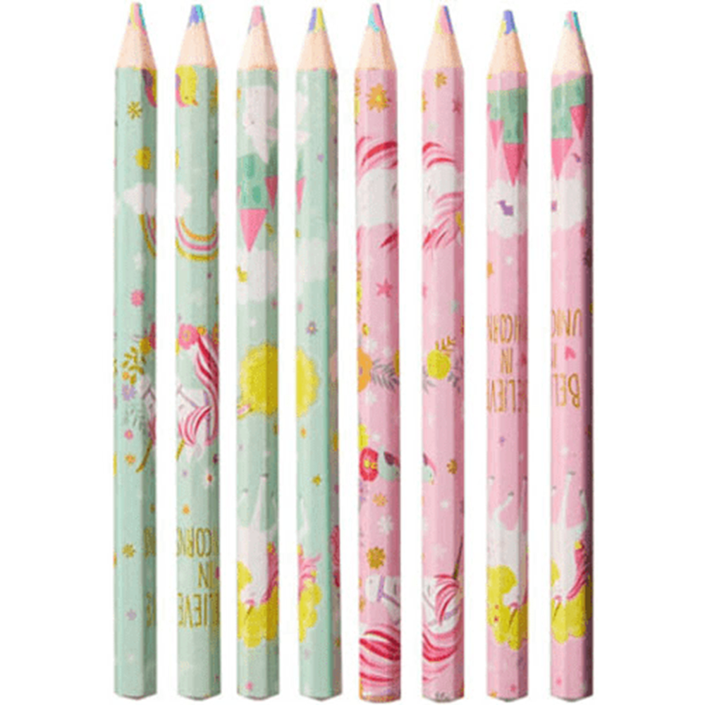 Set of eight color pencils in vibrant shades, decorated with whimsical unicorn patterns in green and pink hues.