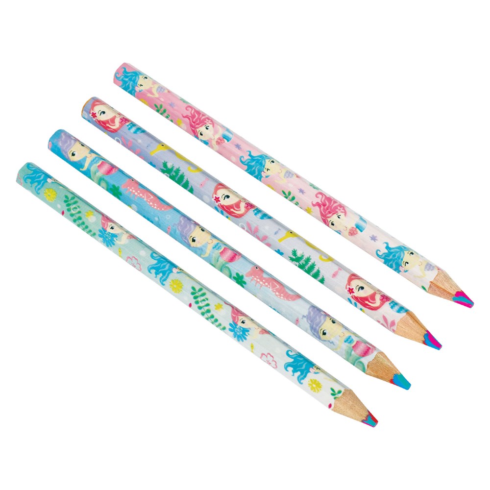 Set of four wooden colored pencils with Little Mermaid-themed designs in pastel pink, blue, and white featuring Ariel and.